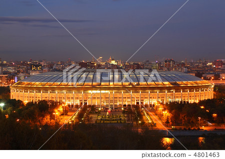 Illuminated Luzhniki Stadium at evening, panorama of Moscow from 4801463