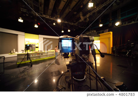 professional black video camera in television studio, light scen professional black video camera in television studio, light scen 4801783