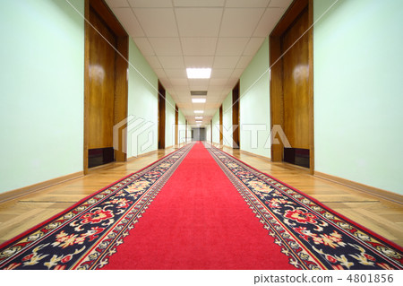long hallway with brown wood doors, end of corridor, red carpet 4801856
