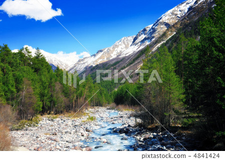 View of the mountains and river into the valley. Elbrus area View of the mountains and river into the valley. Elbrus area 4841424