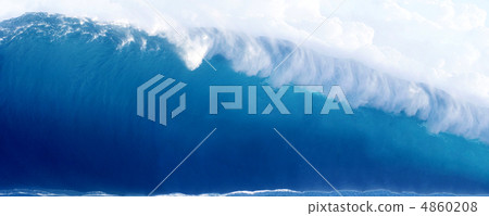 Large Blue Surfing Wave Breaks in the Ocean Large Blue Surfing Wave Breaks in the Ocean 4860208