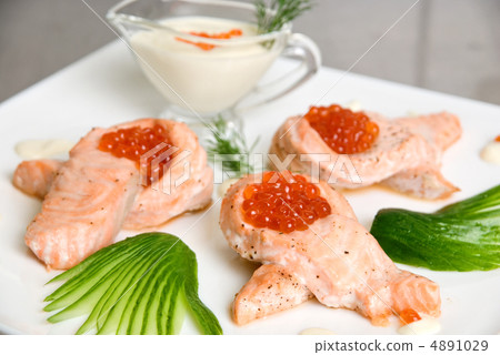 roasted salmon filet with red caviar roasted salmon filet with red caviar 4891029