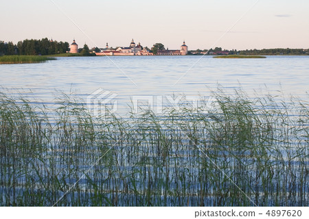 lake landscape with old Russian monastery 4897620