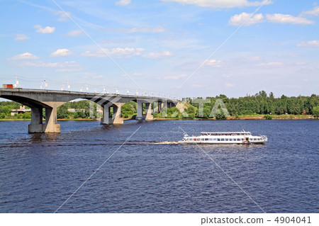 small promenade motor ship on big river near bridge small promenade motor ship on big river near bridge 4904041