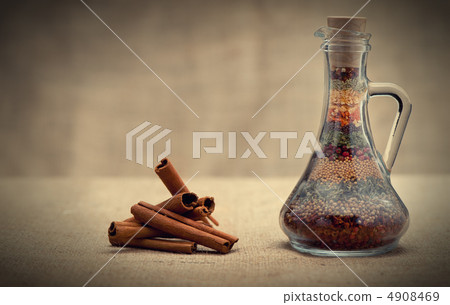 Bottle of spices and cinnamon Bottle of spices and cinnamon 4908469