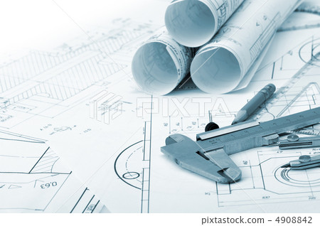 The plan industrial details,  caliper, divider and a pencil 4908842