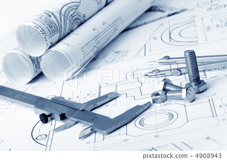 The plan industrial details, a screws, caliper, divider. A photo 4908943