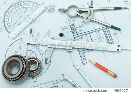 The plan industrial details, a protractor, caliper, divider and The plan industrial details, a protractor, caliper, divider and 4909027