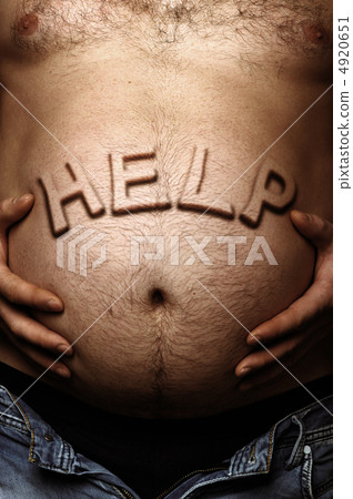 Man's stomach with a sticking out inscription help 4920651