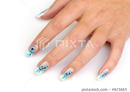 Female hand with manicure close up. Drawing of a branch with blu 4923665