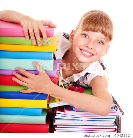 School child holding stack of books. 4942322