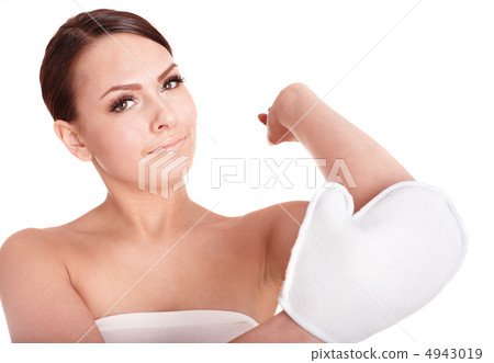 Young woman scrubbing body. 4943019