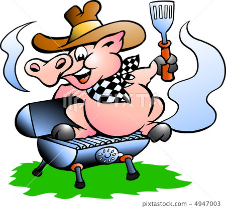 Hand-drawn Vector illustration of an Pig sitting on a BBQ barrel Hand-drawn Vector illustration of an Pig sitting on a BBQ barrel 4947003