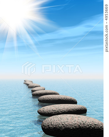 A row of stones in water with sun beam 4953669