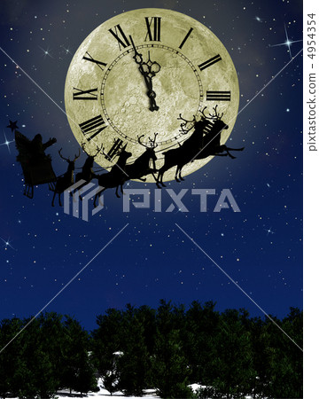 Santa Claus On Sledge With Deer against the bright moon with arr 4954354