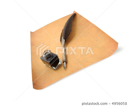 Feather quill and inkwell on an old paper Feather quill and inkwell on an old paper 4956058