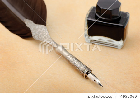 Feather quill and inkwell on an old paper Feather quill and inkwell on an old paper 4956069