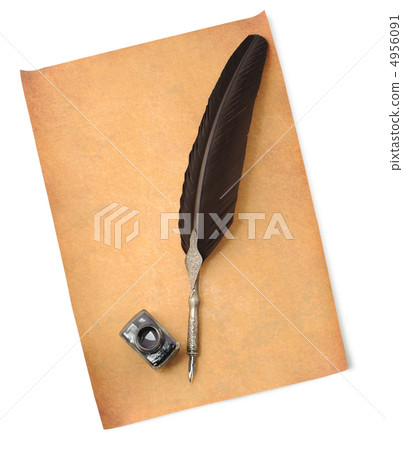 Feather quill and inkwell on an old paper Feather quill and inkwell on an old paper 4956091