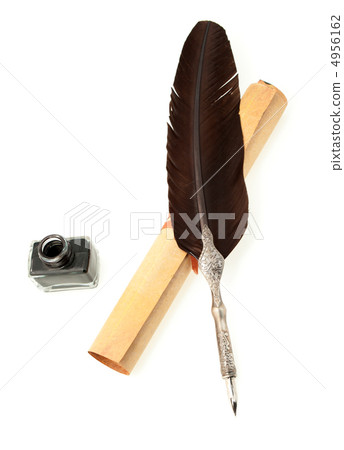 Feather quill ,inkwell and parchment roll Feather quill ,inkwell and parchment roll 4956162