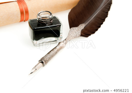 Feather quill ,inkwell and parchment roll 4956221