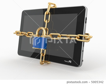 Tablet pc security. Chain with lock on computer. 5005342