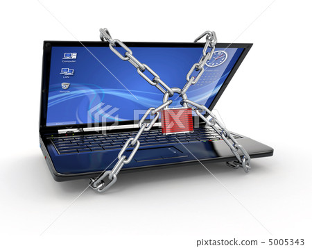 Pc security. Laptop with chain and lock Stock Illustration