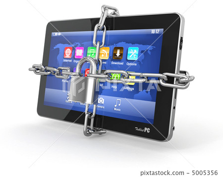 Tablet pc security. Chain with lock on computer. 5005356