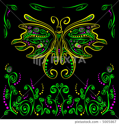 Bright vector butterfly with futuristic flower decor on black ba Bright vector butterfly with futuristic flower decor on black ba 5005867