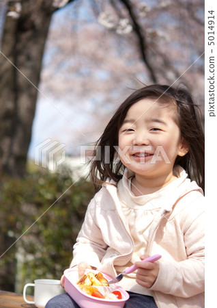 A girl who eats lunch under cherry blossoms A girl who eats lunch under cherry blossoms 5014914
