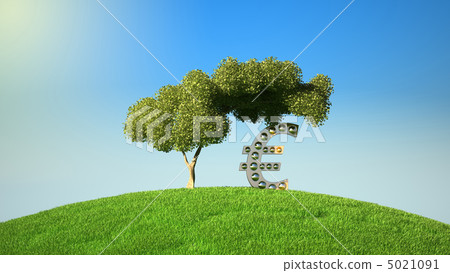 Euro symbol under tree on green fileld 5021091
