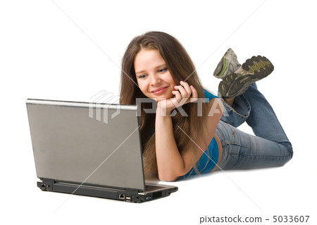 girl with laptop lying on floor girl with laptop lying on floor 5033607