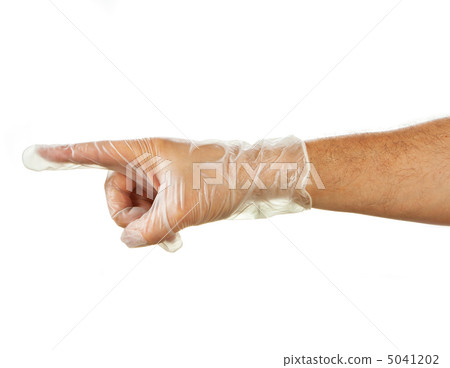 Hand in disposable glove pointing with finger 5041202