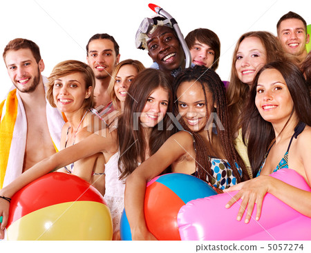 Group people holding beach accessories. 5057274