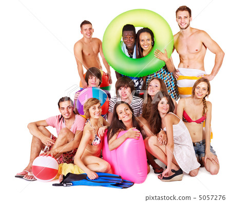 Group people holding beach accessories. 5057276