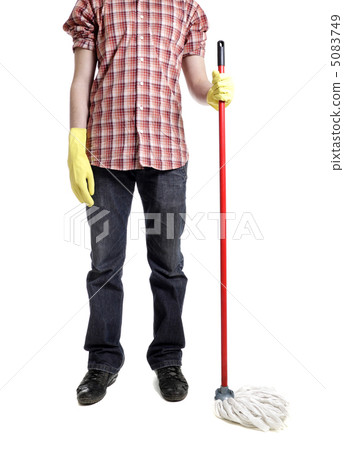 man holding mop in gloves isolated man holding mop in gloves isolated 5083749