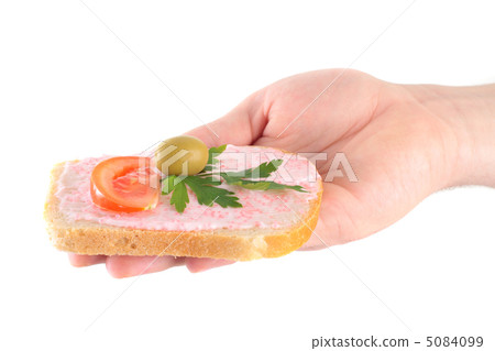 hand holding toast with fish caviar cream 5084099