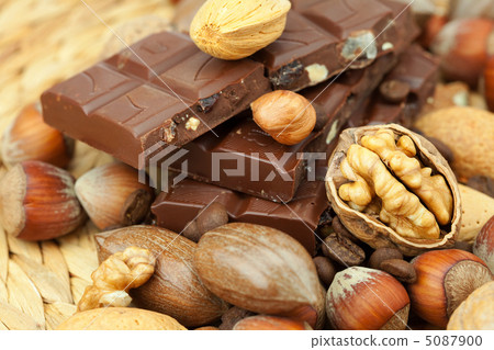 bar of chocolate and nuts on a wicker mat 5087900
