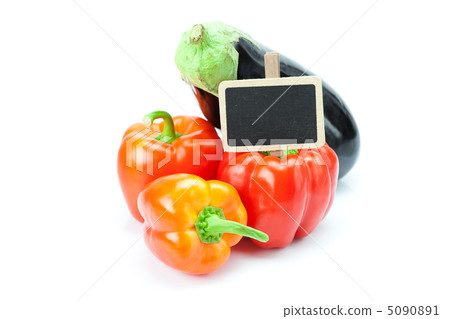 red peppers, eggplant and board isolated on white 5090891