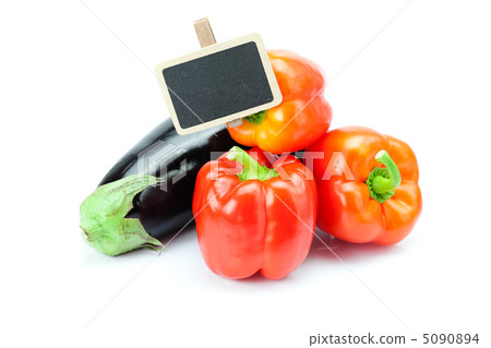 red peppers, eggplant and board isolated on white 5090894