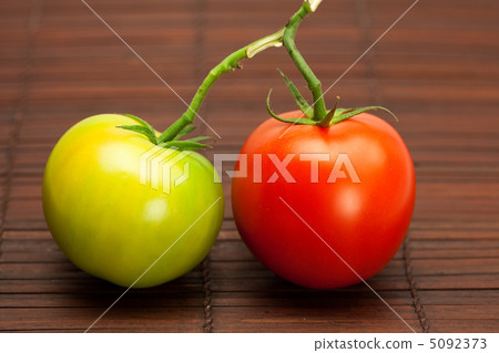 red and green tomatoes on a bamboo mat red and green tomatoes on a bamboo mat 5092373