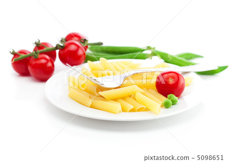 tomatoes, peas, pasta and fork on a plate isolated on white 5098651