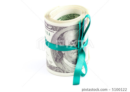 Dollars rolled into a tube tied with ribbon isolated on white Dollars rolled into a tube tied with ribbon isolated on white 5100122