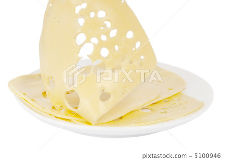 slice of cheese on a plate isolated 5100946