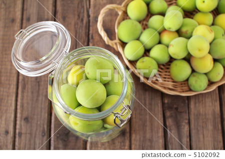 Organic Nankoume green plums in a basket and storage jar 5102092
