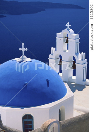 藍色圓頂教會在Firostefani，聖托里尼 5115802