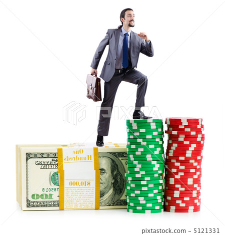 Stacks of casino chips and climbing businessman Stacks of casino chips and climbing businessman 5121331