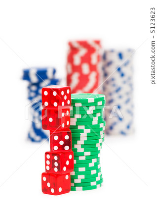 Stack of chips and dice isolated on the white background Stack of chips and dice isolated on the white background 5123623