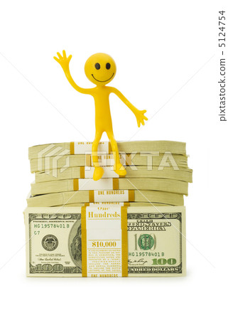Smilie sitting on top of dollar stack 5124754