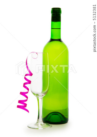 Bottle of wine and glass with streamer on white Bottle of wine and glass with streamer on white 5132381