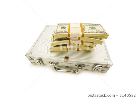 Metal case and lots of dollars on white 5140552